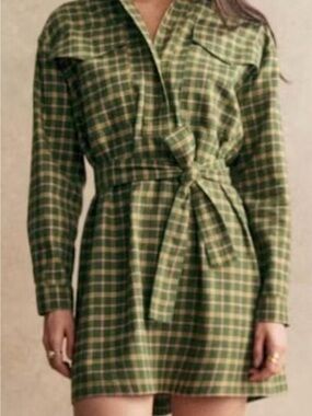 Sezane Sadie Green Plaid Long-Sleeve Shirt Dress